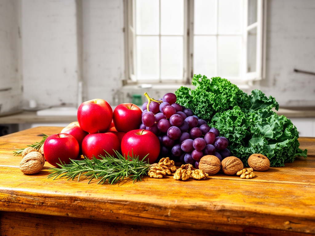 Table en bois avec une variété de fruits, légumes, noix et herbes fraîches disposés artistiquement dans une lumière naturelle chaude, illustrant la richesse d'une alimentation équilibrée