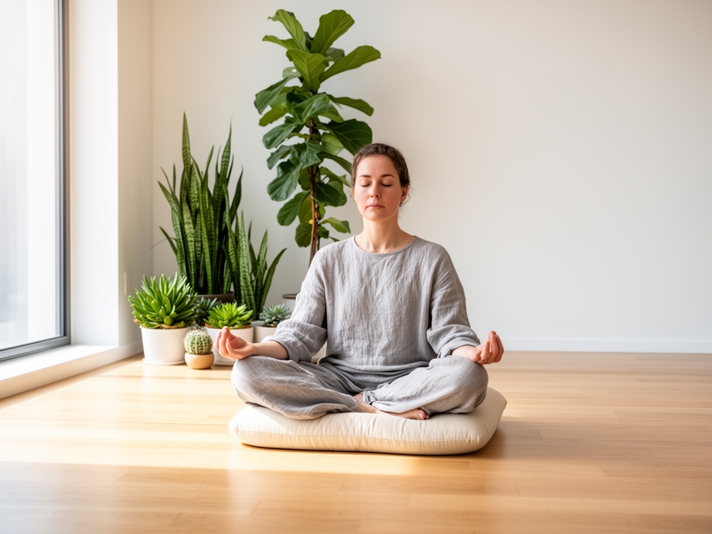 Personne en méditation assise dans une pièce lumineuse et épurée avec des plantes vertes en arrière-plan, baignée dans une lumière naturelle matinale douce et sereine