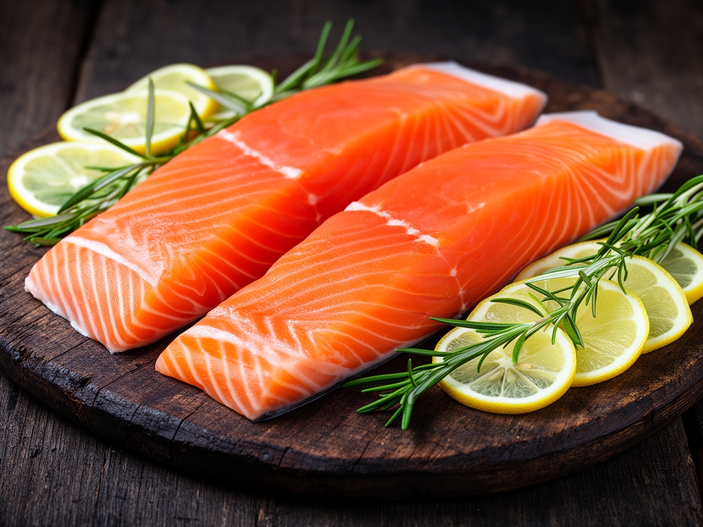 Filets de saumon sauvage frais sur une planche en bois sombre avec des tranches de citron et des brins d'aneth, illustrant les sources alimentaires naturelles d'oméga-3