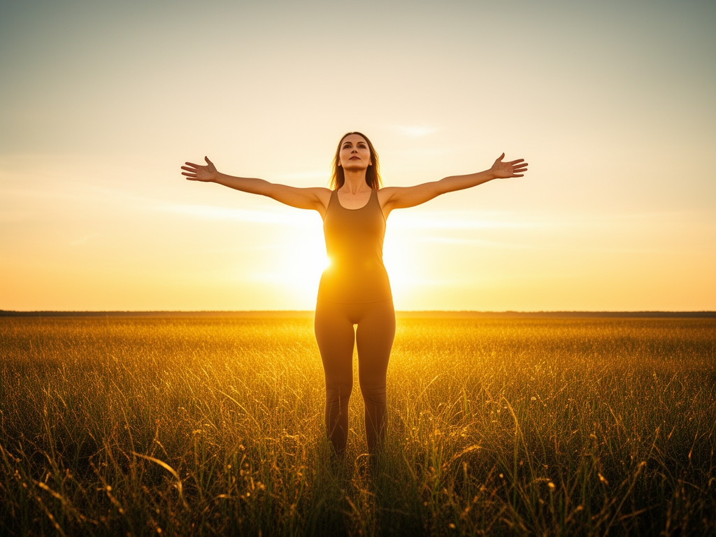 Femme debout dans un champ ouvert au coucher du soleil, les bras ouverts, baignée dans une lumière dorée intense, symbolisant le bien-être, l'énergie naturelle et la connexion à la nature