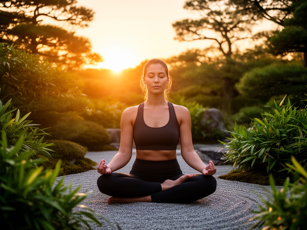 Femme sereine pratiquant la méditation au lever du soleil dans un jardin japonais zen, entourée de plantes vertes et de lumière dorée matinale