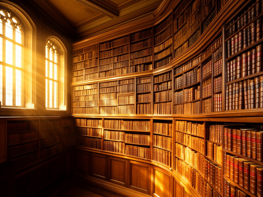 Bibliothèque académique ancienne avec des rangées de livres reliés en cuir, une lumière ambrée traversant de hautes fenêtres, évoquant des décennies de recherche scientifique et de savoir accumulé