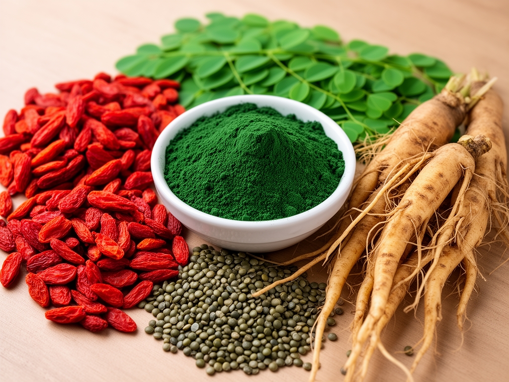 Arrangement soigné de superaliments — baies de goji, graines de moringa, spiruline en poudre et racines d'ashwagandha séchées — sur une surface en pierre naturelle avec une lumière douce et directionnelle